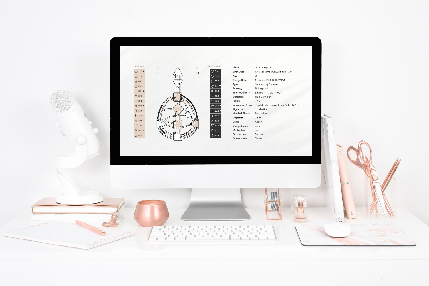 Human design chart displayed on an iMac sitting on minimalist desk